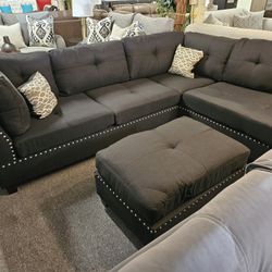 Brand New 104" x 75" Black Linen Reveraible Sectional + Ottoman