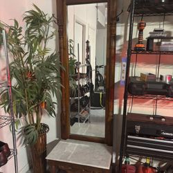 Vintage Carved Wood Entryway Mirror w/ Marble Base Solid Wood