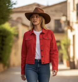 Earl Jean Red Denim Jacket Women’s size Large cropped Western