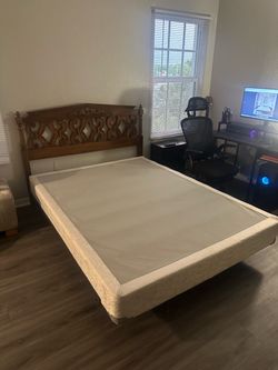 Queen Size Wooden Headboard, Metal Frame, and Box Spring