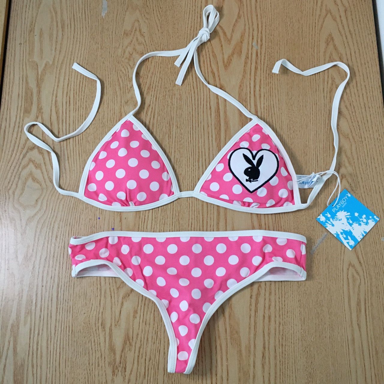 New Womens Vintage Playboy 2Pc Polka Dot Thong Bikini Swimsuit Size XLarge