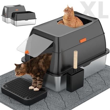 Stainless Steel Litter Box with Lid,Front Entry Top Exit Kitty LitterBox,Extra Large Enclosed Metal Cat Box with Litter Scoop & Litter Mat-Black 707 O