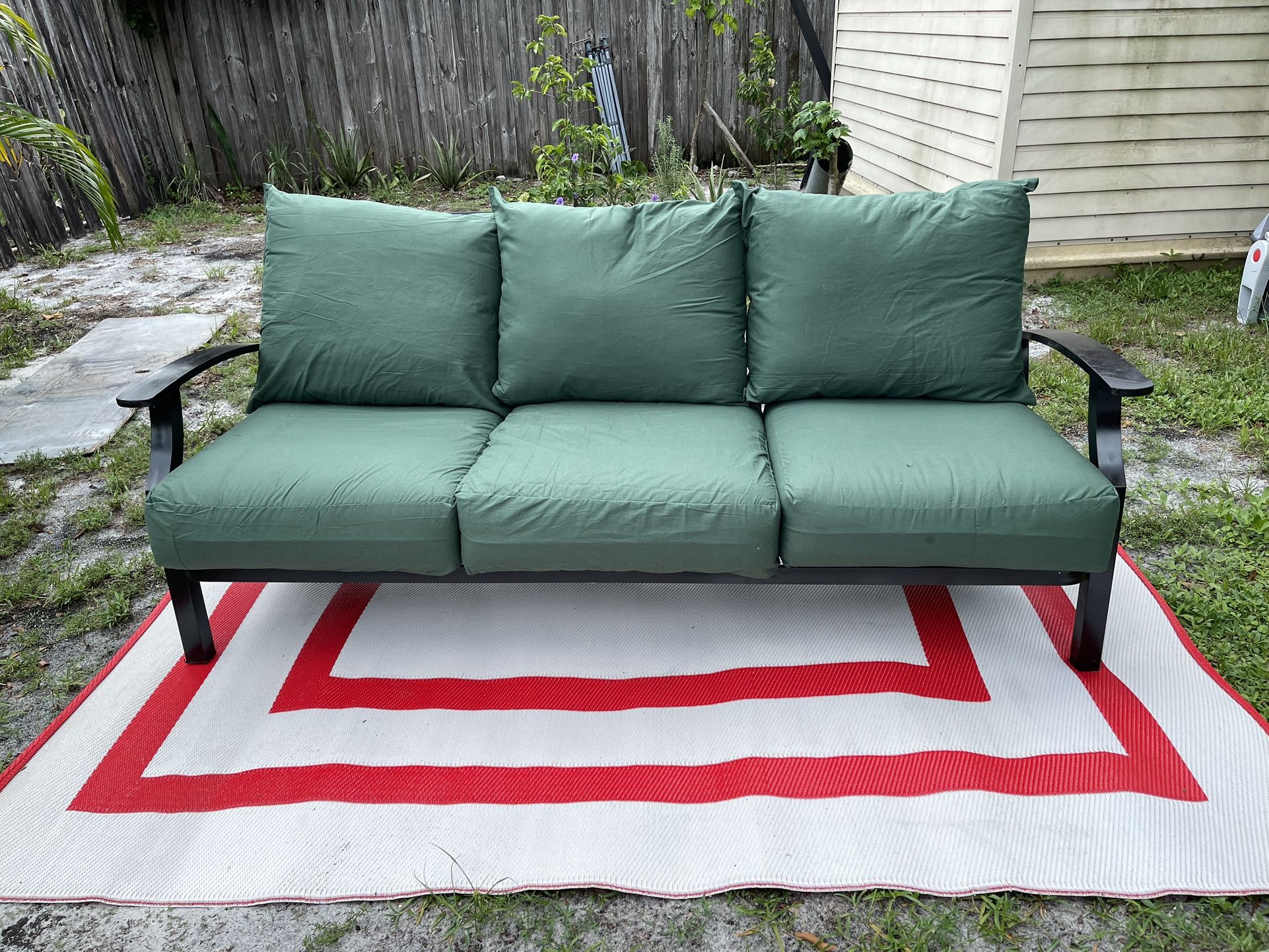 Metal Patio Sofa With Cushions 78”W X 32”D X 11” To Seat In Good Condition $70 Firm On Price