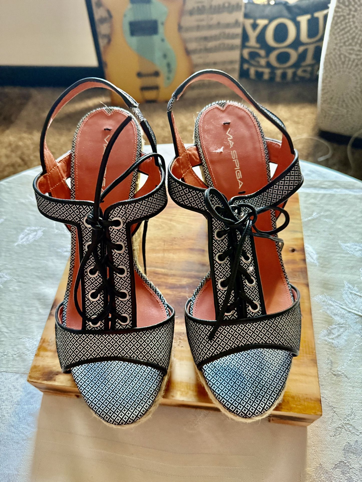 Via Spiga Wedge Heels Womens 8.5 M Leather Upper Jute Heel Lace Up Black Geo