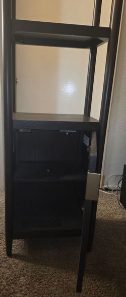 Title: Modern Espresso Linen Tower Storage Cabinet with Shelves