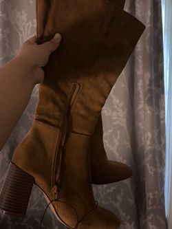Tan Suede Knee-High Heeled Boots