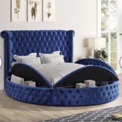 Brand New Queen Royal Blue Velvet Platform Tufted Glam Bed With Storage All The Way Around Free Mattress