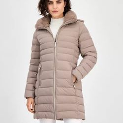 Michael Kors Faux Fur Puffer Coat Taupe