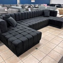 Lipa Black Velvet Double Chaise "U" Shape Sectional Sofa