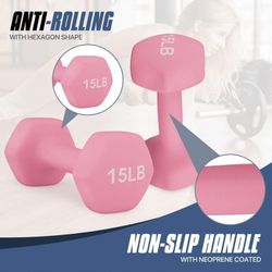 MADOG Set of 2 15 lb Neoprene Coated Workout Dumbbells, Non-Slip with Soft Grip, Hexagon Shaped Hand Weights, Pink