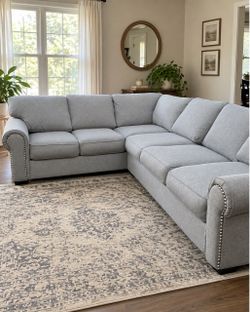 Large Gray Down-Filled Sectional Sofa – Nailhead Trim