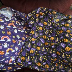 Two Halloween Scrub Tops Size L