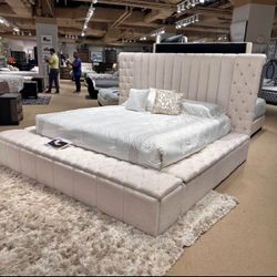 Beige King Size Bed Frame With Side Storages 