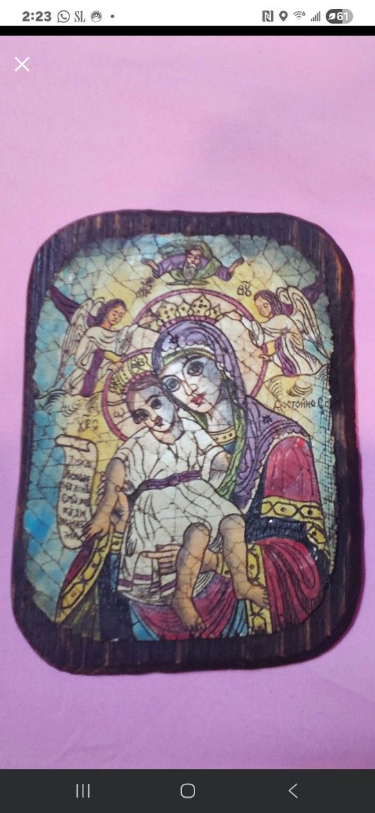 Religious hand painted icon Jesus Christ Virgin Mary