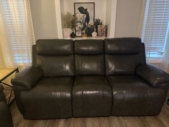 Dark Grey Leather Power Reclining Sofa and Loveseat Set