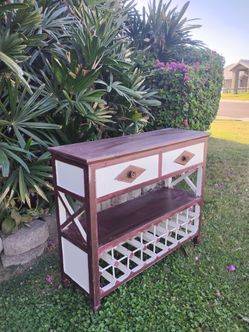 Vintage farmhouse wine rack entry table with drawers