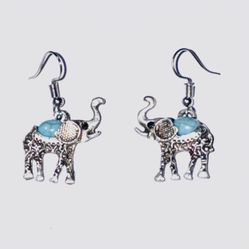 Pair of Silver Tone & Turquoise Elephants Pierced Earrings 