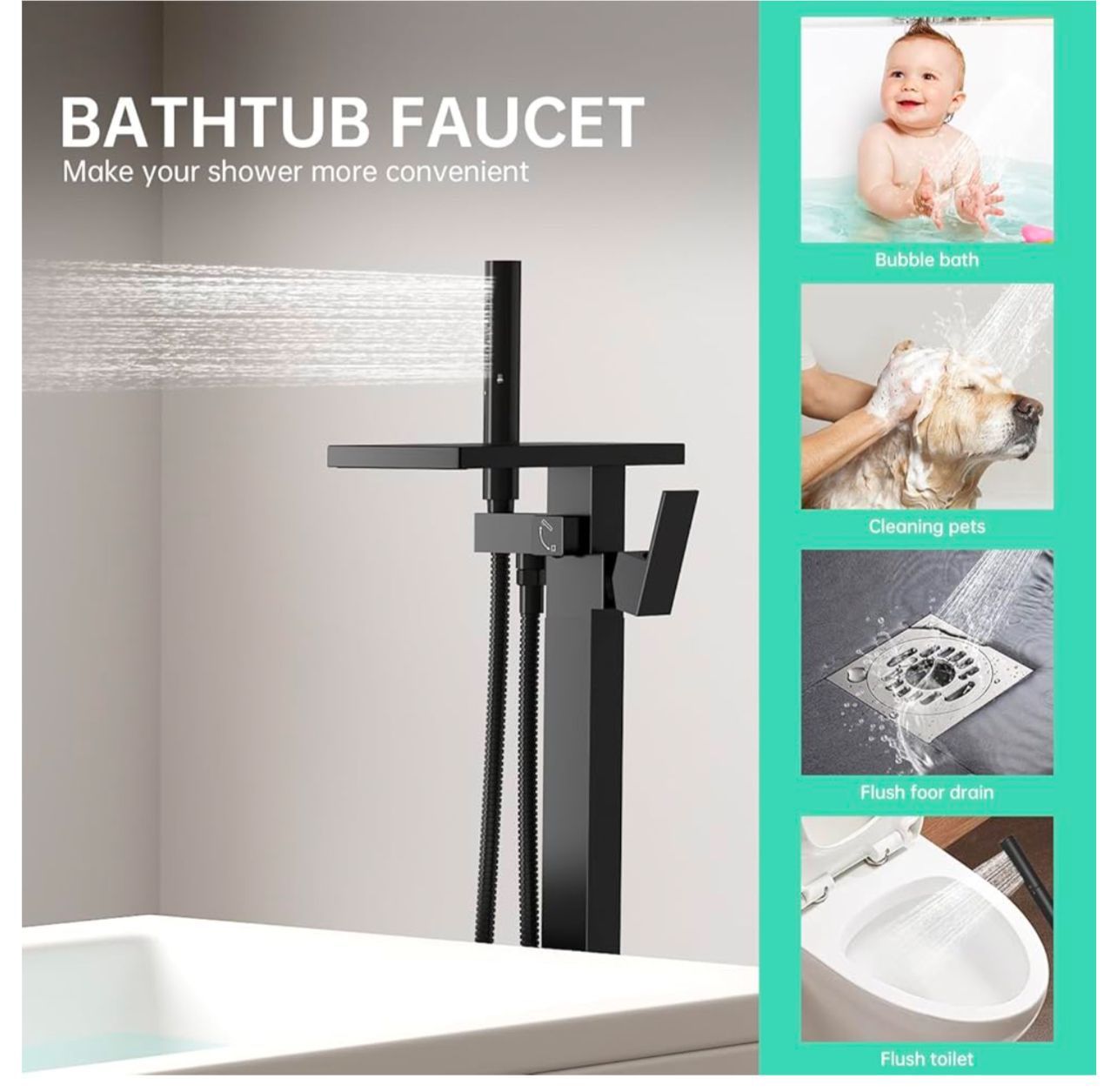 Freestanding Bathtub Faucet Matte Black – Floor Mount Waterfall Tub Filler With Handheld Shower, Single Handle, Solid Brass & Stainless Steel, For Modern Bathrooms