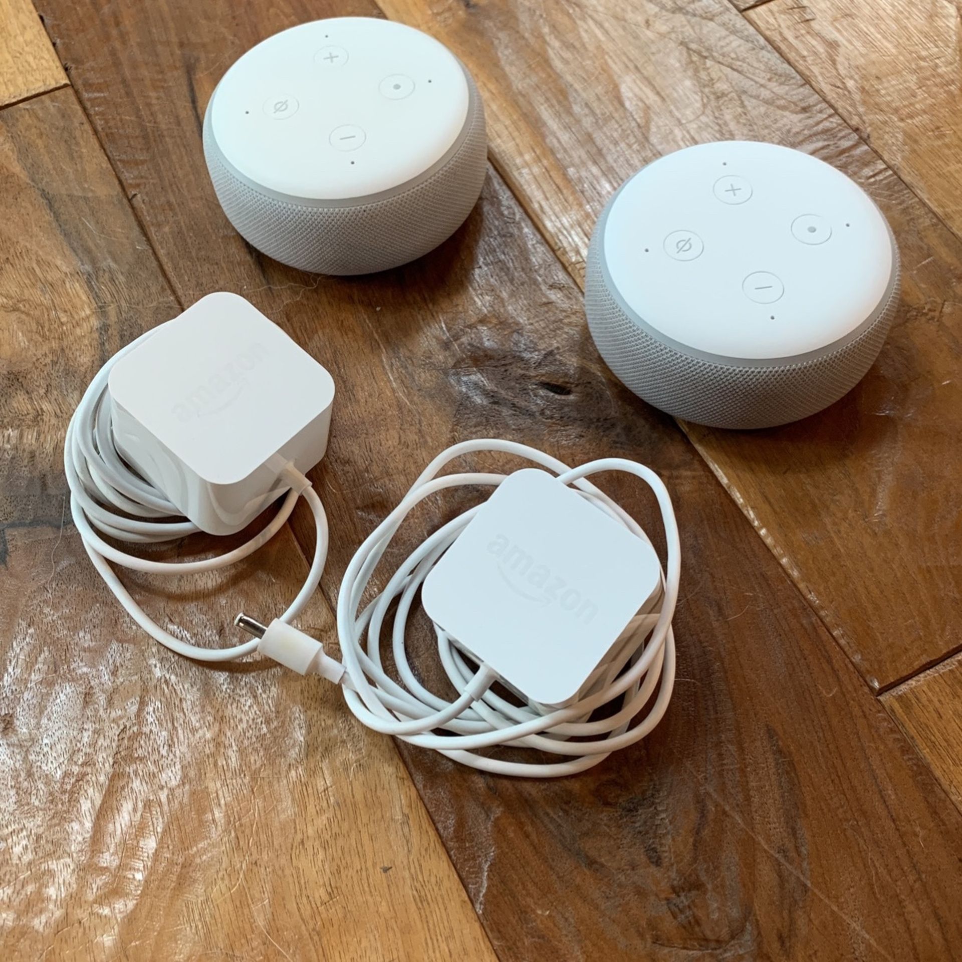 White Amazon Echo Dots (3rd Gen)