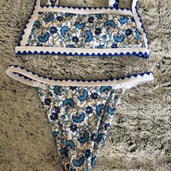 blue and white floral bikini