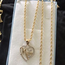 10kt Cadena Y Dije De Oro 🧡 MOM 16 Pulgadas Cadena Largo 