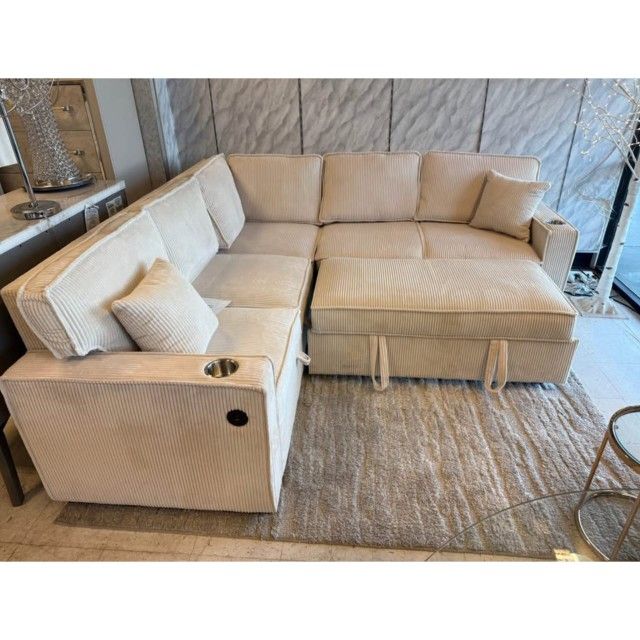 Beige Corduroy Sectional Sleeper Sofa With Pull Out Bed // $539