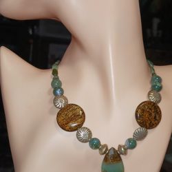 Vintage Chrysoprase, 925ss, Bronzite,  Agate,  Emeralds  22" Necklace
