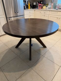 Round Wood Dining Table – Espresso Finish, Sculptural X-Base