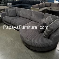 New! 125” Plush Sectional,Grey Modern sectional, Corduroy sectional, Large Round Chaise Sectional Couch, Sofa, Couch, Sectional, Grey Sofa, Grey Couch