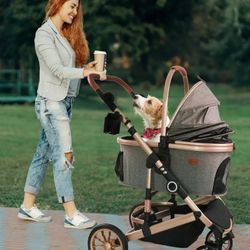 Pet Stroller with 4 Wheels, Foldable Pet Travel Carrier for Small/Medium Dogs Cats up to 50lbs, Detachble Portable Pet Bag, Storage Basket, Car Seat 3