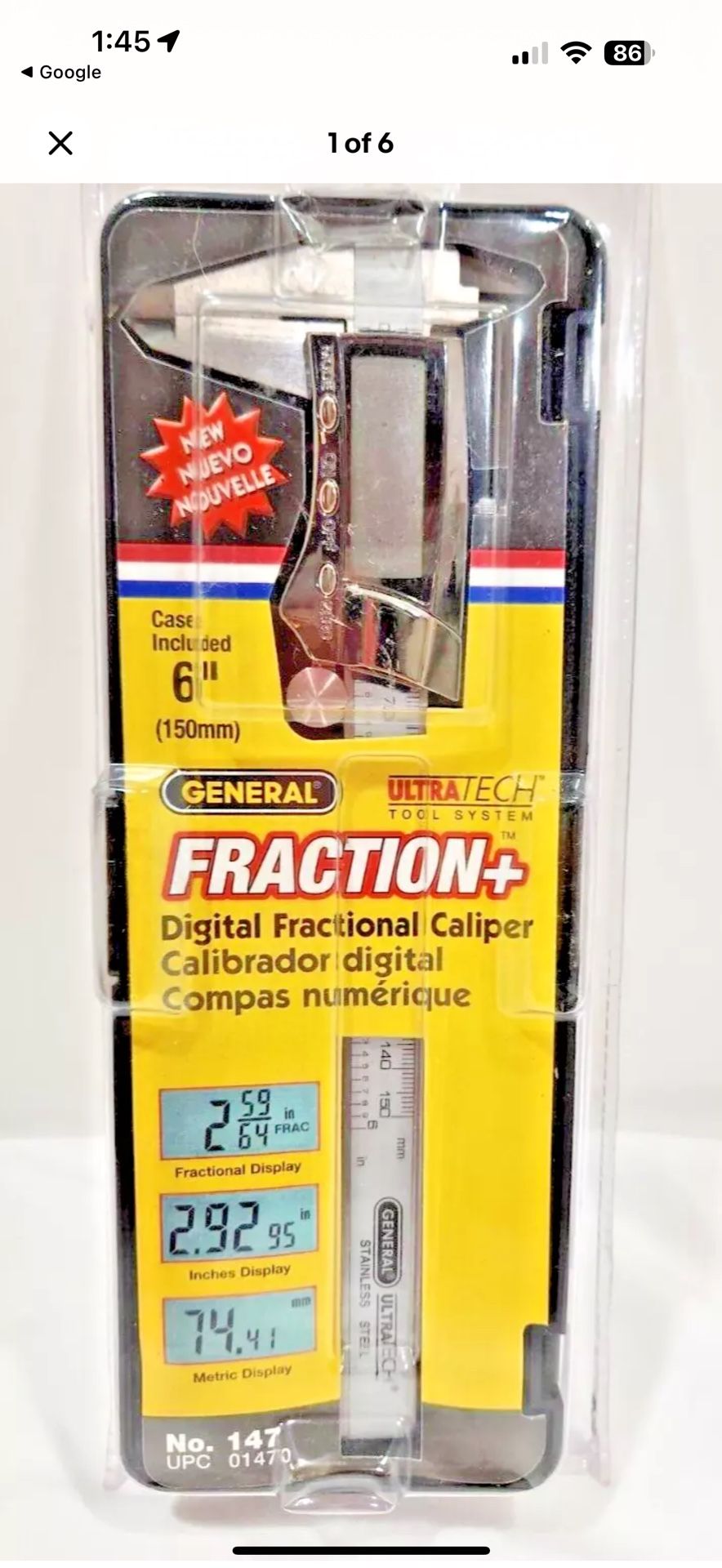 General Fractional Digital Caliper 6" 150 mm No. 147 Case Included Brand New