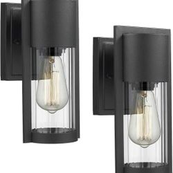 Exterior Wall Mount Light 2 Pack, Light Outdoor Wall Sconce in Black Finish with Clear Ribbed Glass Lamp Shade