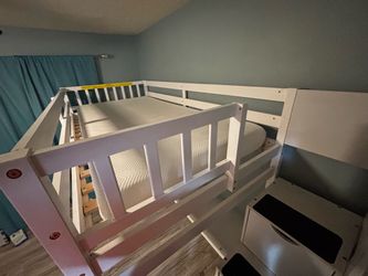White Wood Twin Loft Bed with Stairs