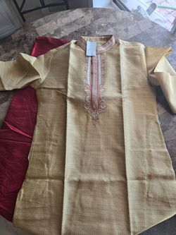 Men's Traditional Indian Sherwani/Kurta Set – Gold & Maroon Embroidered – Size 40 – Wedding/Festival