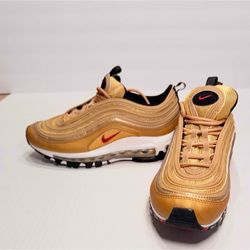 Nike Kids Air Max 97 Metallic Gold with Red Accents Size 4 Unisex Retro design