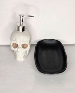 White Ceramic Skull Soap Dispenser and Black Soap Dish Bathroom Set Halloween