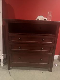 Dark Cherry Wood Dresser with Open Shelf