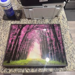 Framed Glass Wall Art – Pink Blossom Forest Path Print (20.5” x 16.5”)