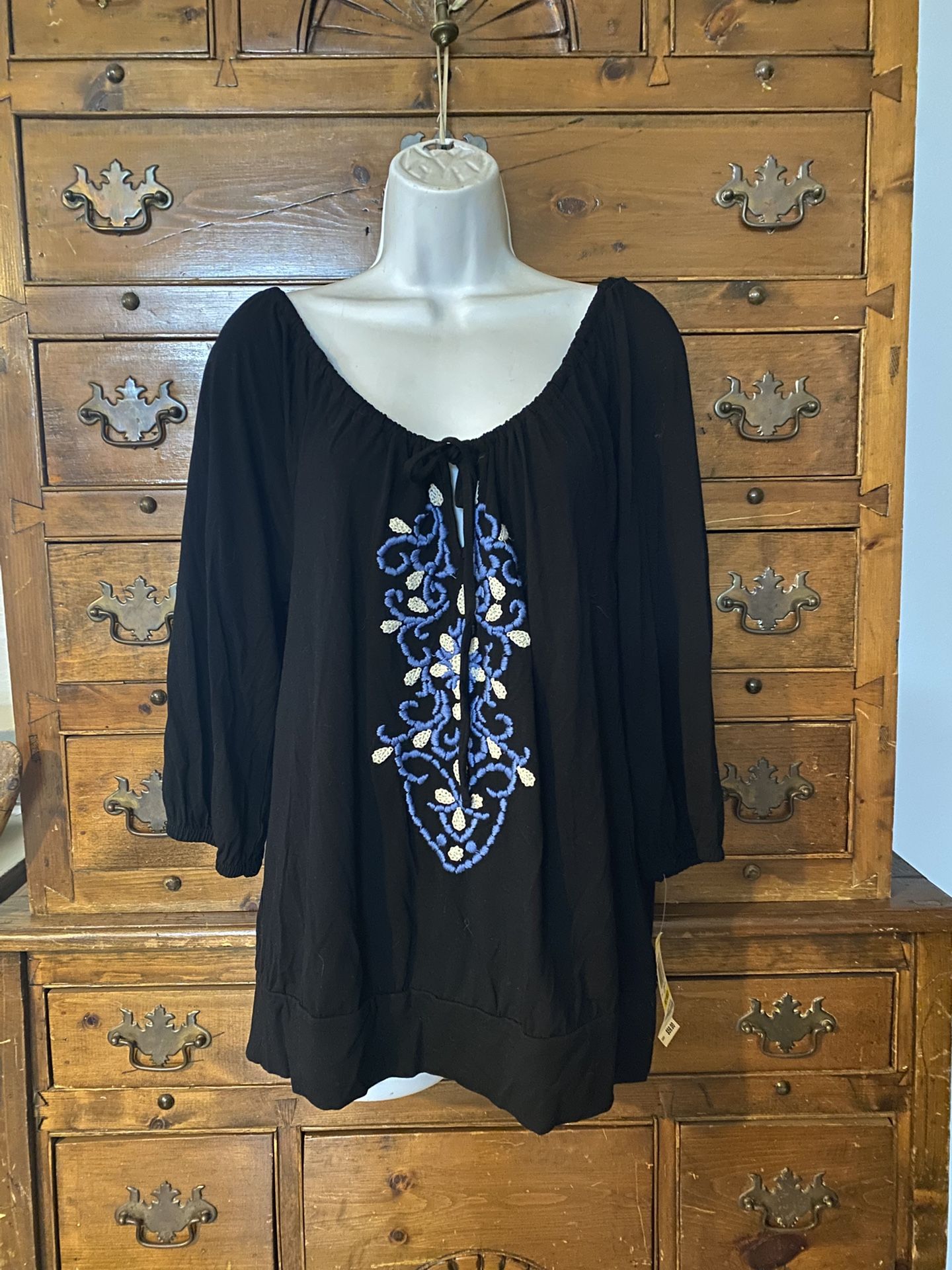 (N119) Womans Boho Embroidered Tunic Top Size M INC International Concepts New With That’s