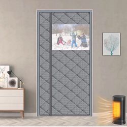 HooTown Magnetic Thermal Insulated Door Curtain Fits Door Size 30" x 82", Sideway Open with Window Durable Waterproof Cloth and Thicken Cotton, Winter