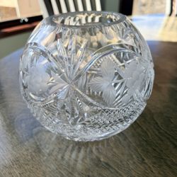 Vintage Gorham Round Crystal Rose Centerpiece Vase, Cherry Wood Edition 