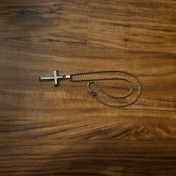 Diamond Cross 22" Pendant Necklace in Gold Tone Ion-Plated Stainless Steel & Black Carbon Fiber