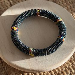 Handwoven Metallic Teal Beaded Coil Bracelet – Multicolor Accent | Boho Stretch Bangle