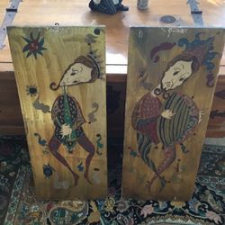 antique pair oils  painted on aged wood golden shimmer 24 by 10 inches inherited
