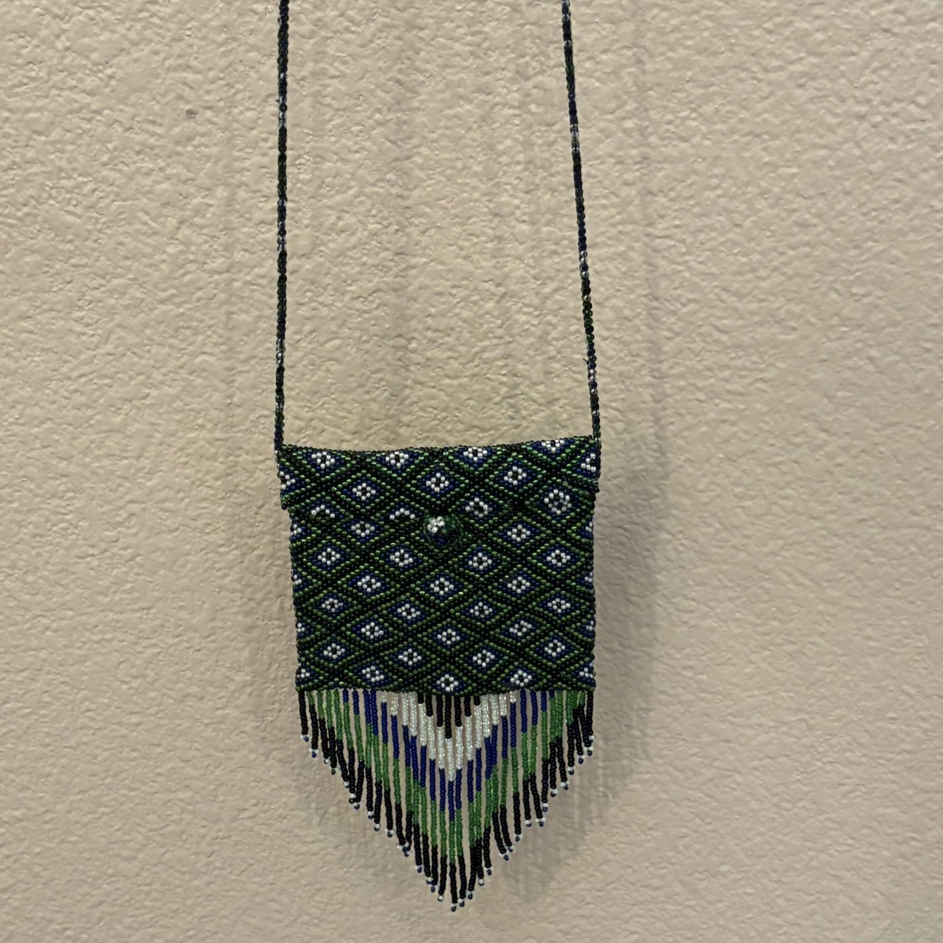 Elegant Beaded Green Black Fringe Mini Bag Size 3 1/2”x3.75”