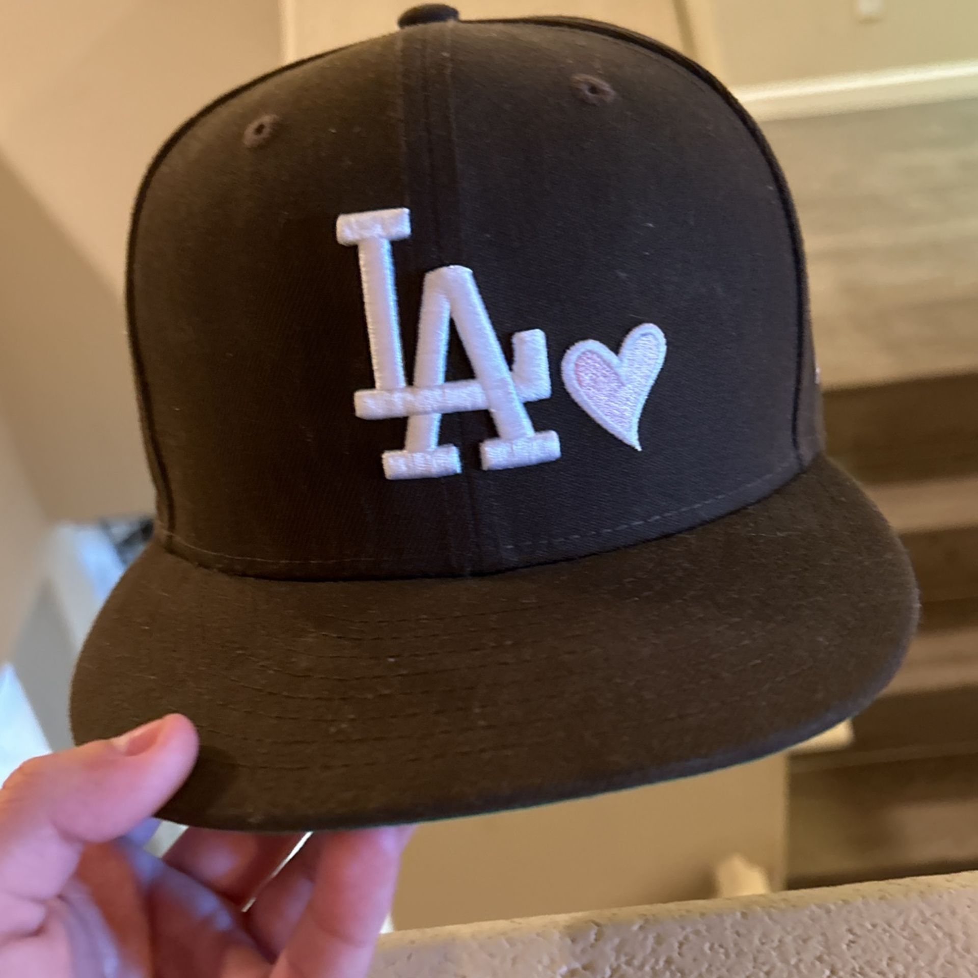 7 and 3/8 Dodger brown hat with patch and pink lover boy print engraved