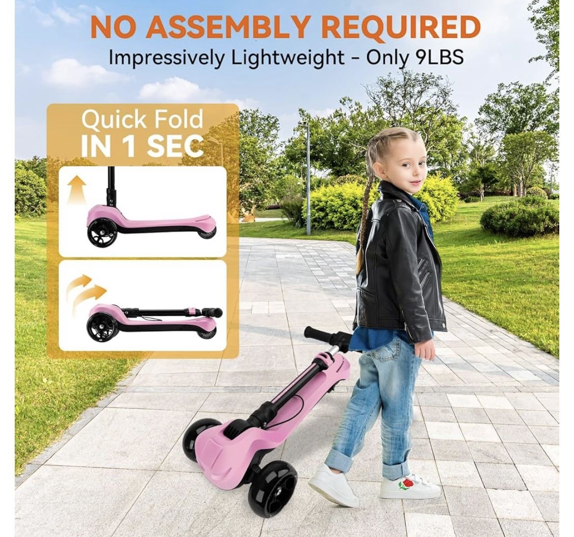 24V Electric Scooter for Kids w/150W Powerful Motor, Thumb Throttle, LCD Screen, Bluetooth, Light-Up Stem Deck & Wheels, 3 Adjustable Heights, 5MPH Sa