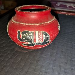 Red Handmade Pot With Hand Painted Elephant Art. One Of A Kind Collectors. 