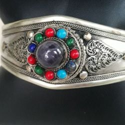 Ethnic Silver Bracelet With Natural Precious Stones For Men Or For Women