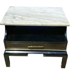 Vintage 60's teak black lacquer wood end table with removable marble top 